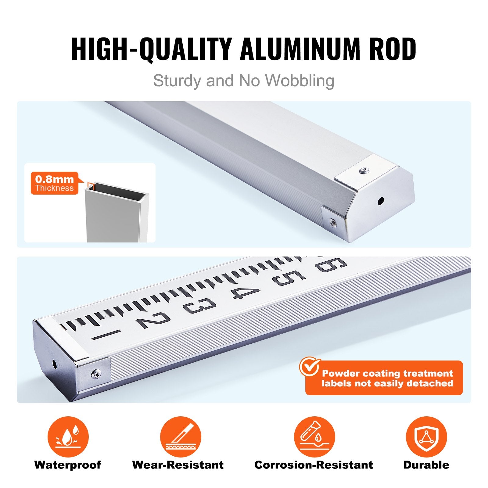 VEVOR Aluminum Grade Rod, 9-Feet/8ths 3 Sections Telescopic Measuring Rod, Double-Sided Scale 1/8in Leveling Rod Stick,Aluminum Alloy Survey Rod with Bubble Level &Carrying Bag for Houses,Walls,Floors