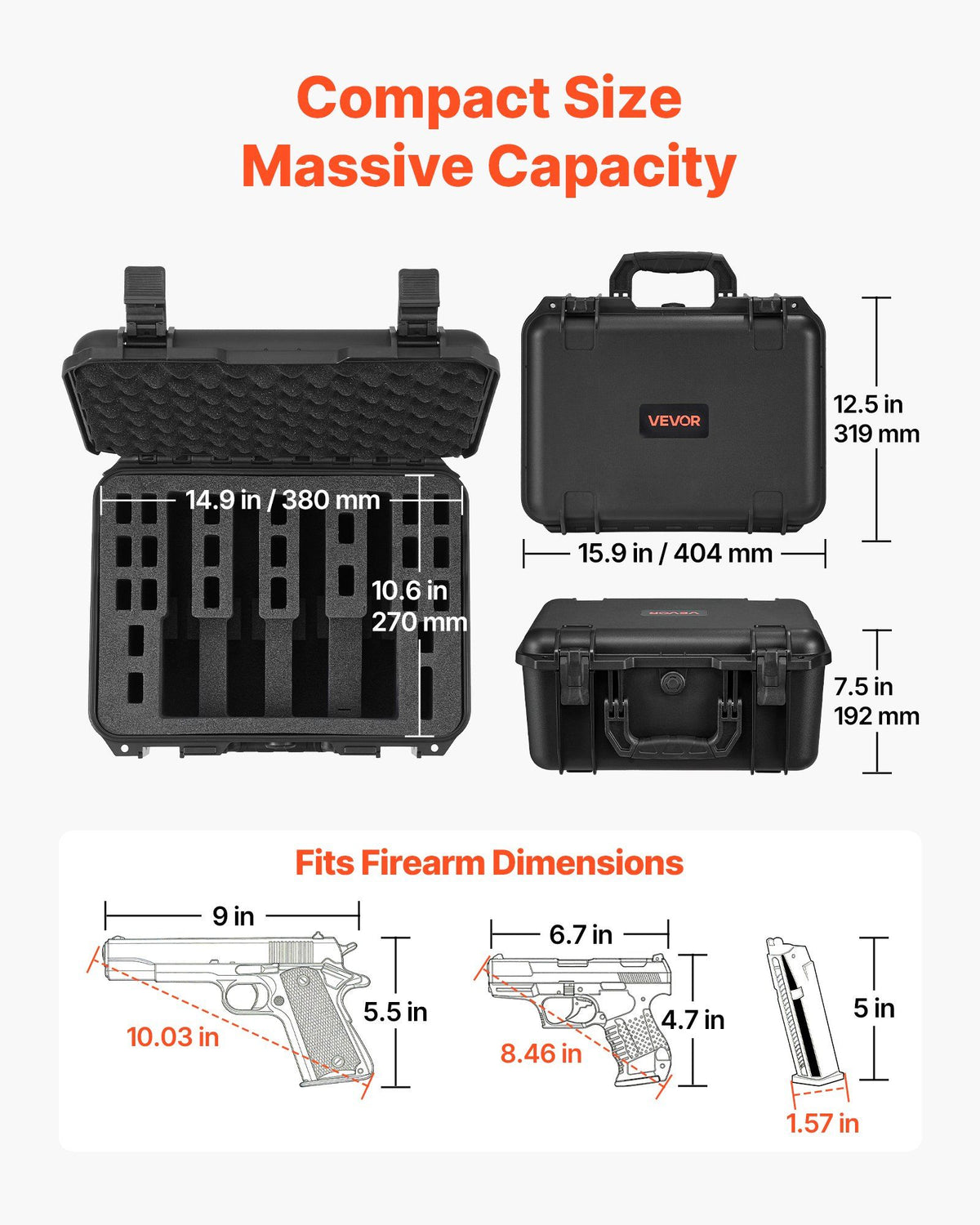 Hard Pistol Case, Heavy Duty Hard Gun Case with XPE Foam Lining, Waterproof Pistol Storage Box with Customizable Interior & Handle for Gun, Lenses, Camera, Gear, TSA Compliant, 404x319x192 mm