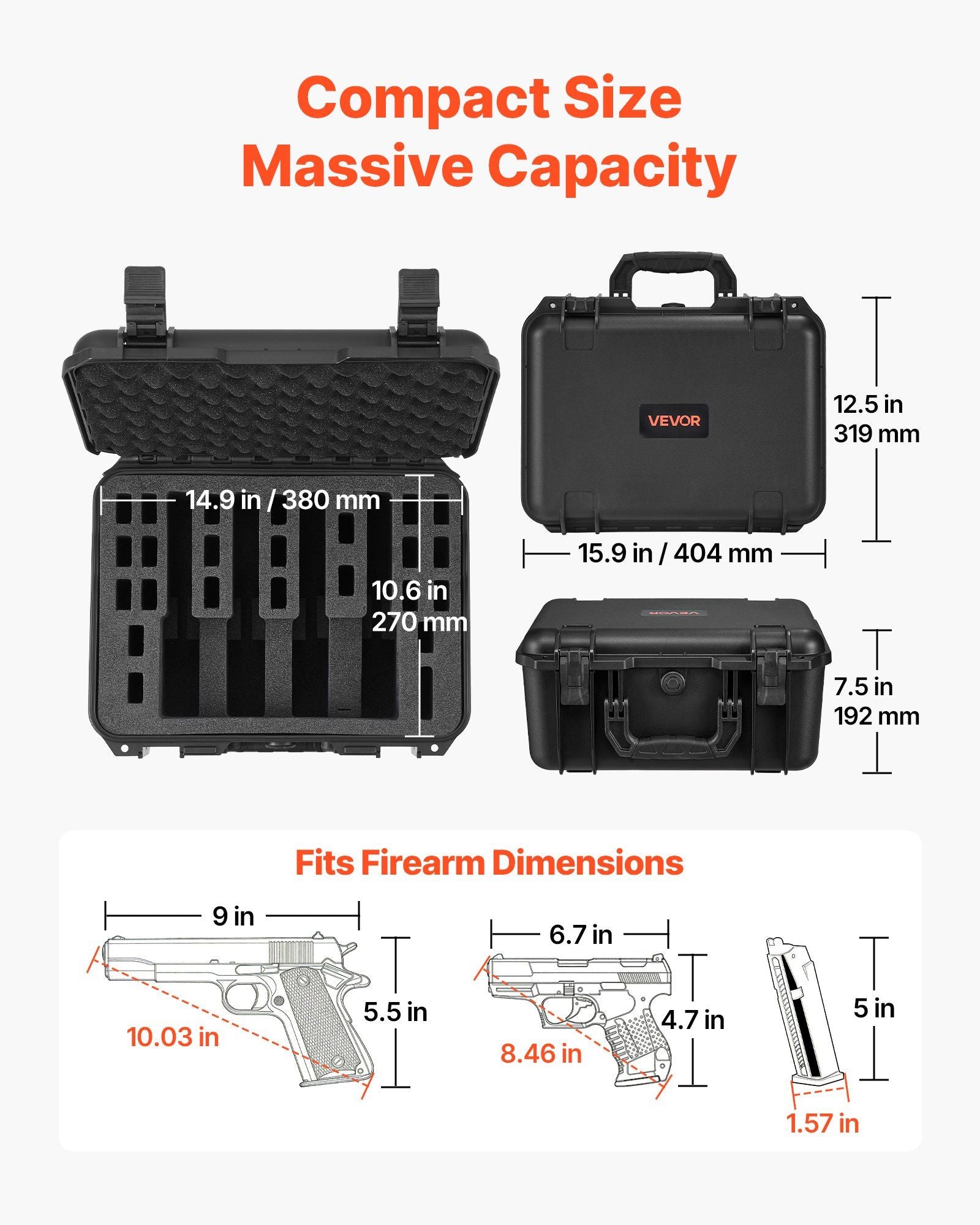 Hard Pistol Case, Heavy Duty Hard Gun Case with XPE Foam Lining, Waterproof Pistol Storage Box with Customizable Interior & Handle for Gun, Lenses, Camera, Gear, TSA Compliant, 404x319x192 mm