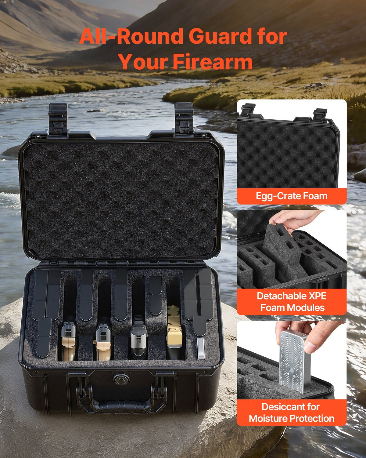 Hard Pistol Case, Heavy Duty Hard Gun Case with XPE Foam Lining, Waterproof Pistol Storage Box with Customizable Interior & Handle for Gun, Lenses, Camera, Gear, TSA Compliant, 404x319x192 mm