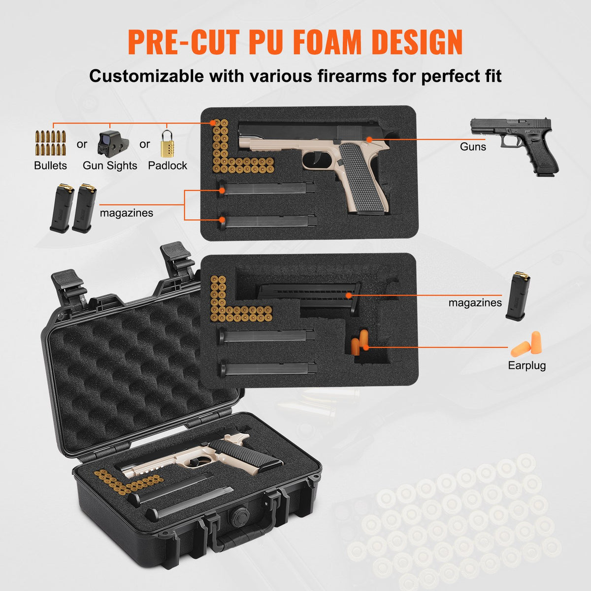 VEVOR Hard Pistol Cases with Pre-cut PU Foam, Waterproof & Dustproof Hard Gun Case for 1 Pistol, 12.59×9.01×4.4 in Lockable Pistol Case, Black