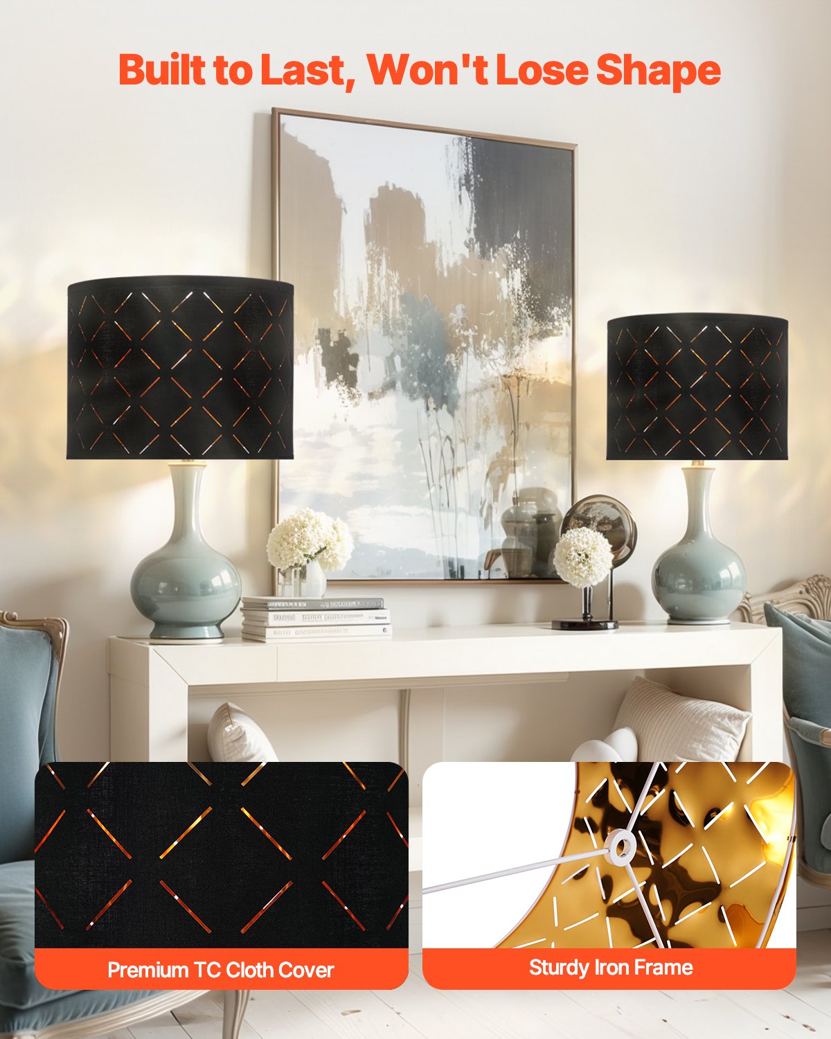 VEVOR Drum Lamp Shade 2 Set, 33 cm Top x 33 cm Bottom x 25 cm High, Medium Drum Lampshade with Harp, Replacement Lamp Shade for Table Lamps Floor Lamps Pendant Lights, Black Diamond Hollow Design