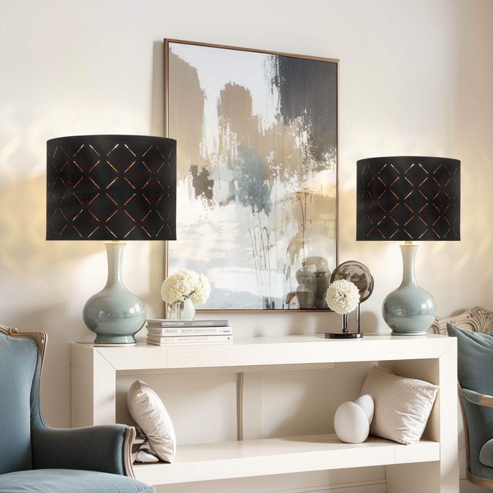 VEVOR Drum Lamp Shade 2 Set, 33 cm Top x 33 cm Bottom x 25 cm High, Medium Drum Lampshade with Harp, Replacement Lamp Shade for Table Lamps Floor Lamps Pendant Lights, Black Diamond Hollow Design