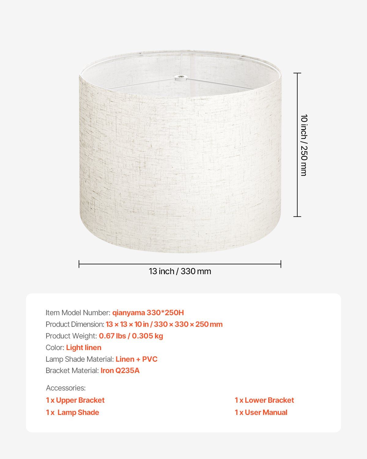 Drum Lamp Shade, 33 cm Top x 33 cm Bottom x 25 cm High, Medium Drum Linen Lampshade, Replacement Lamp Shade for Table Lamps Floor Lamps Pendant Lights, Easy Assembly Required (Light Linen)