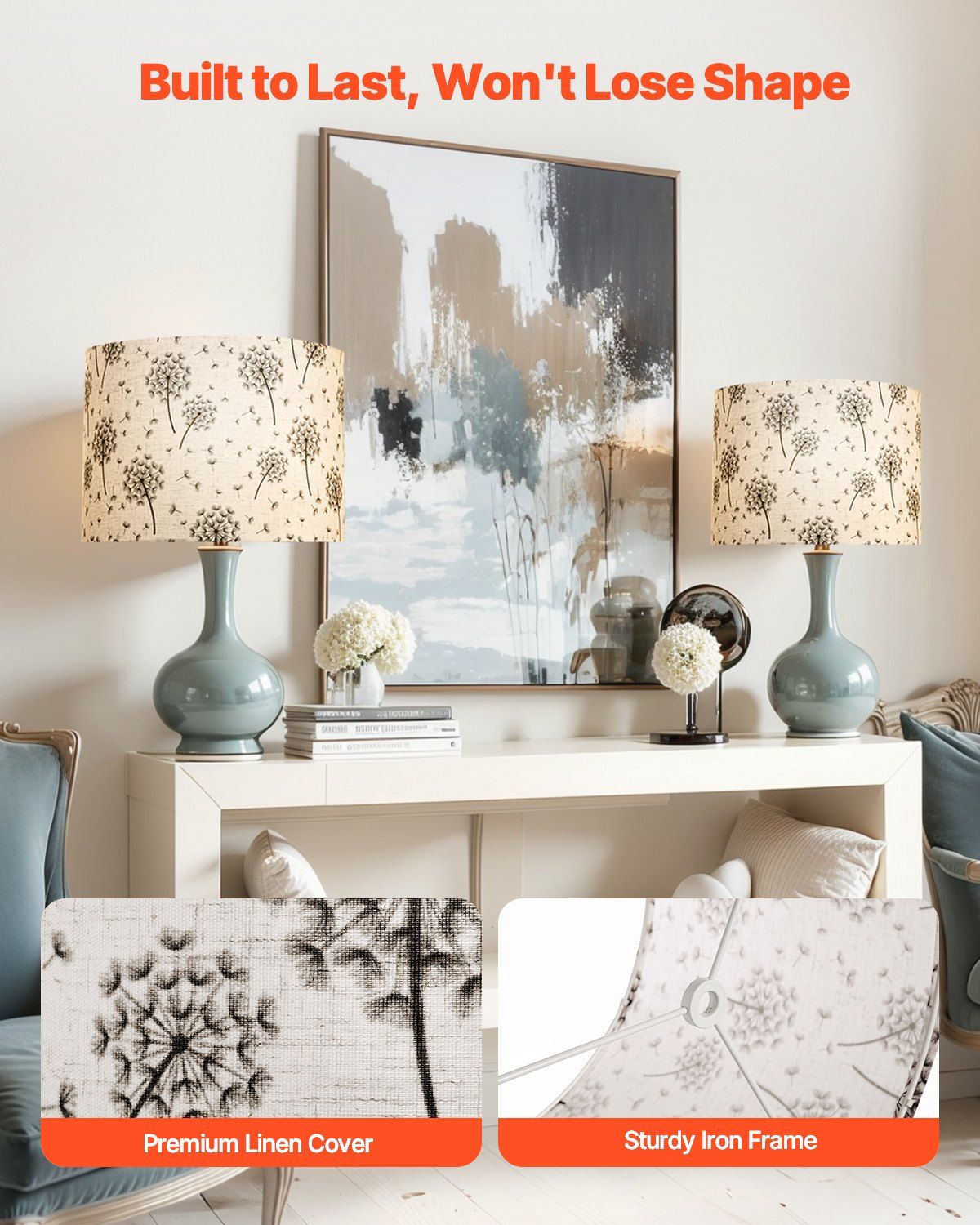 Drum Lamp Shade 2 Set, 33 cm Top x 33 cm Bottom x 25 cm High, Medium Drum Linen Lampshade, Replacement Lamp Shade for Table Lamps Floor Lamps, Easy Assembly Required (Light Dandelion Pattern)