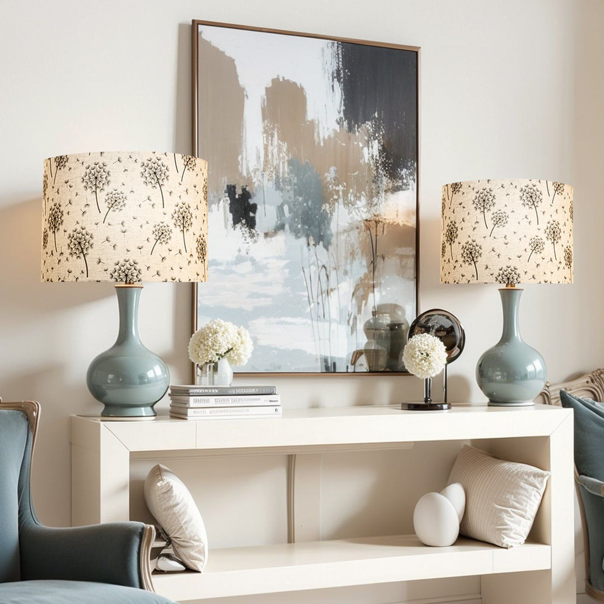 Drum Lamp Shade 2 Set, 33 cm Top x 33 cm Bottom x 25 cm High, Medium Drum Linen Lampshade, Replacement Lamp Shade for Table Lamps Floor Lamps, Easy Assembly Required (Light Dandelion Pattern)