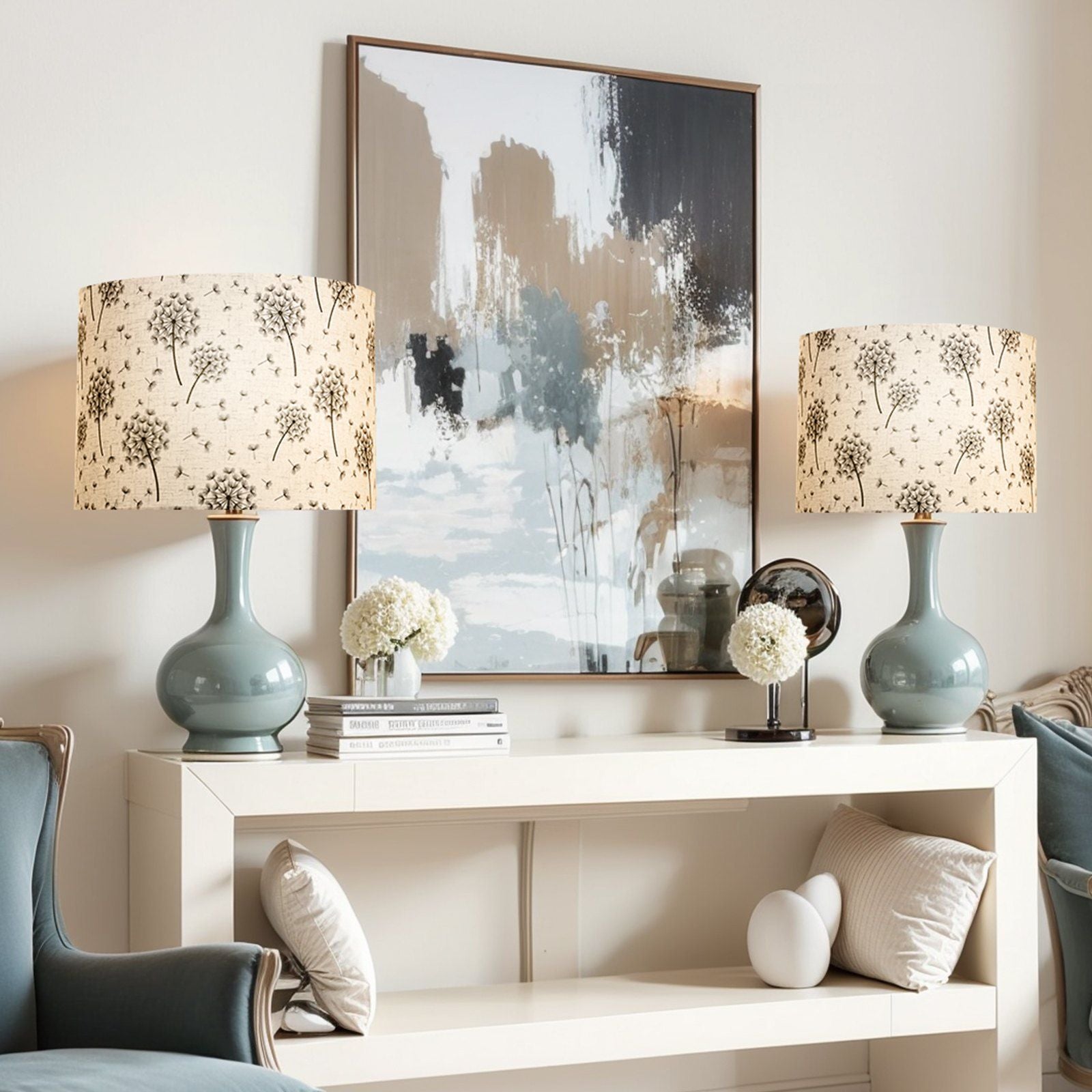 Drum Lamp Shade 2 Set, 33 cm Top x 33 cm Bottom x 25 cm High, Medium Drum Linen Lampshade, Replacement Lamp Shade for Table Lamps Floor Lamps, Easy Assembly Required (Light Dandelion Pattern)