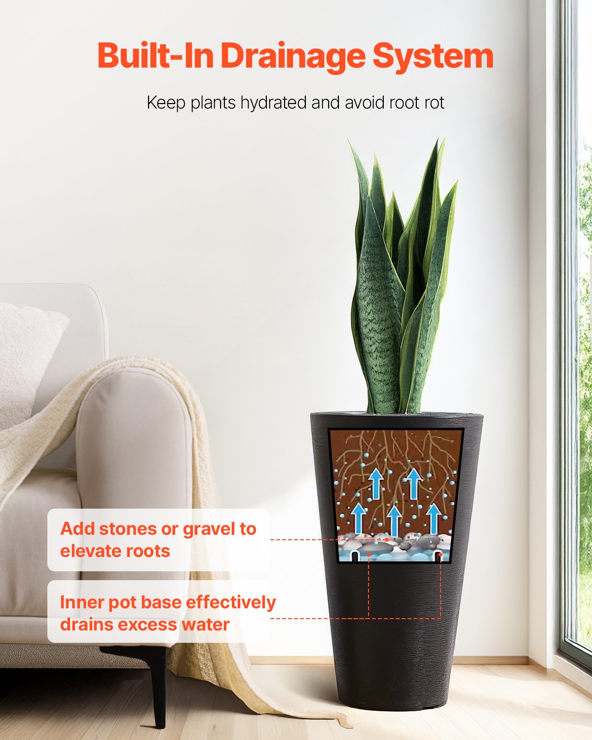 VEVOR Tall Planter, Set of 2 Tall Round Tapered Planters, 59 cm Large Modern Gardening and Flower Plastic Pots, Decorative Tall Black Planter with Drainage Hole, for Porch, Patio, Indoor & Outdoor