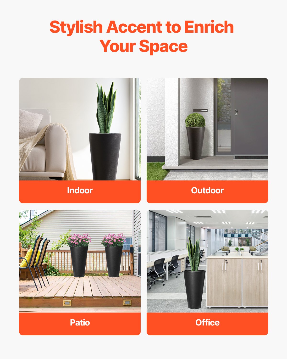 VEVOR Tall Planter, Set of 2 Tall Round Tapered Planters, 59 cm Large Modern Gardening and Flower Plastic Pots, Decorative Tall Black Planter with Drainage Hole, for Porch, Patio, Indoor & Outdoor