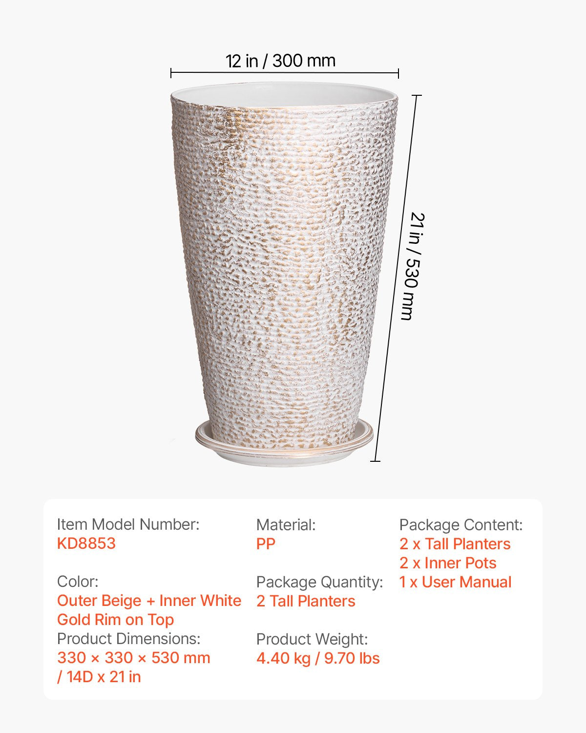 VEVOR Tall Planter Set of 2 Round Tapered Plant Pots 53 cm for Outdoor Indoor