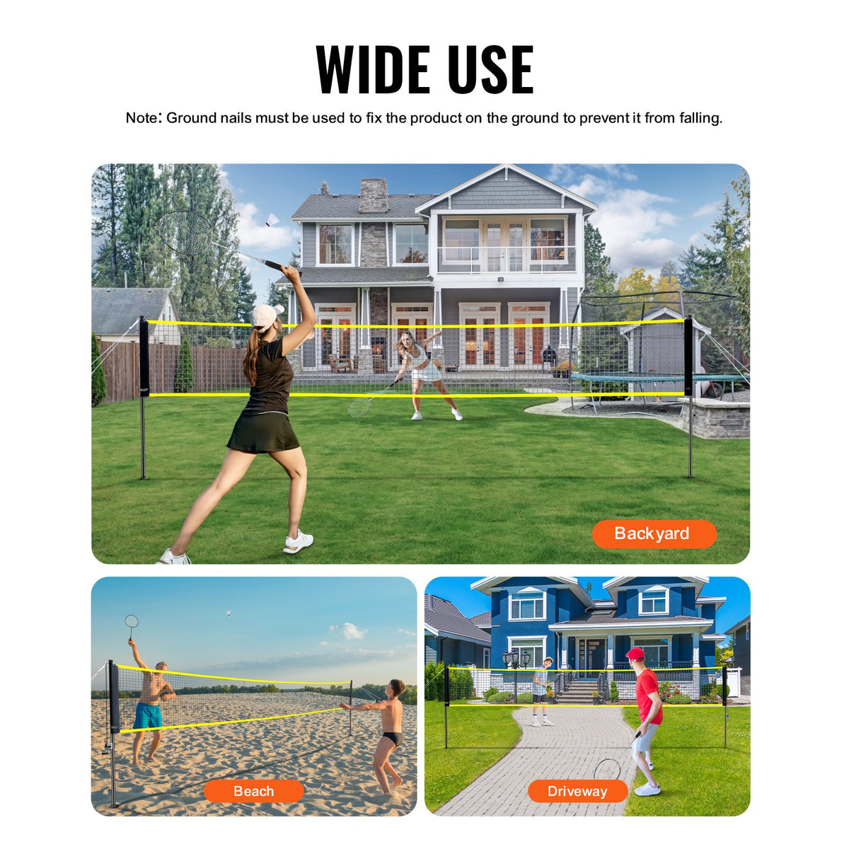 VEVOR Badminton Net Set, Outdoor Backyard Beach Park Badminton Net, Portable Badminton Equipment Set, Adults Kids Badminton Net with Poles, Carrying Bag, 4 Iron Rackets, and 3 Nylon Shuttlecocks