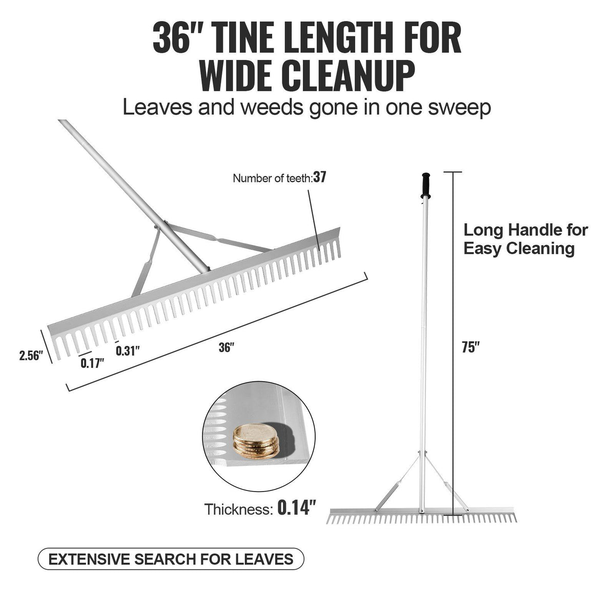 Landscape Rake, 915mm Head Aluminum Landscape Rake, Lake Weed Rake with 1915mm Long Handle, for Loosening Soil, Lawn Care, Weeding Lake, Garden, Pond