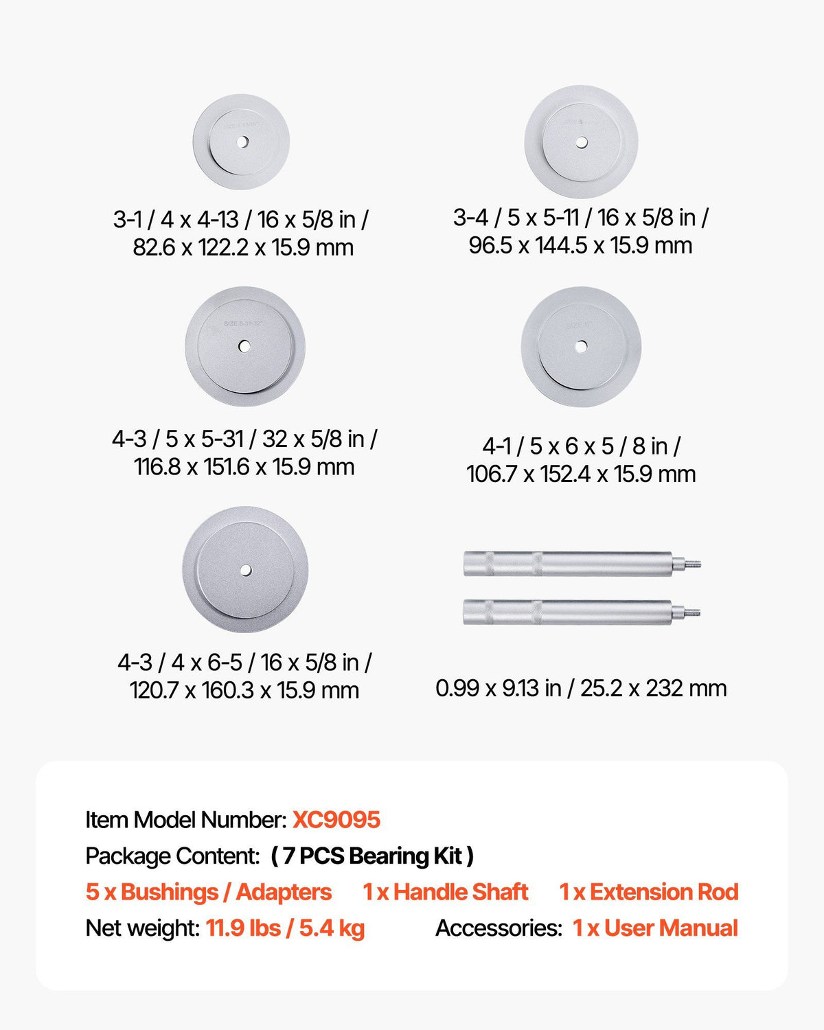Bearing Press Kit, 7 Pcs, Bearing Race and Seal Driver Set with 5 Bushings, Handle Shaft and Extension Rod, Bushing Driver Tool Set, Heavy Duty Removal Installation Tool Kit with Storage Case