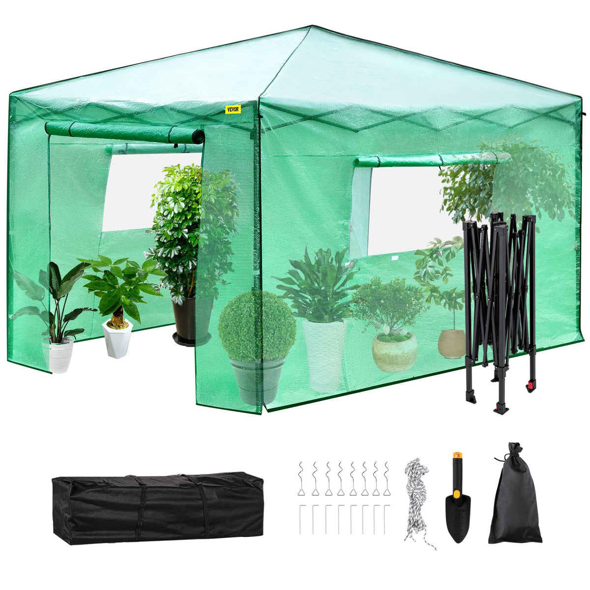 VEVOR 12\&#39;x 8\&#39;x 8\&#39; Pop-Up Greenhouse, Set Up in Minutes, Portable Greenhouse with Doors &amp; Windows. High Strength PE Cover &amp; Powder-Coated Steel Construction