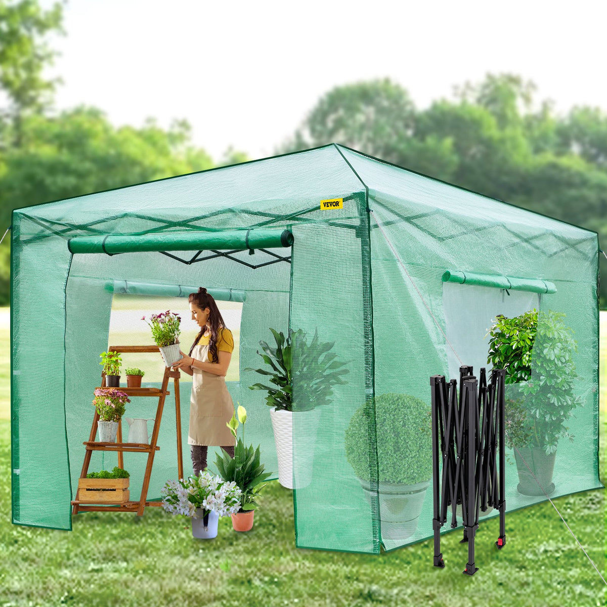 VEVOR 12\'x 8\'x 8\' Pop-Up Greenhouse, Set Up in Minutes, Portable Greenhouse with Doors & Windows. High Strength PE Cover & Powder-Coated Steel Construction