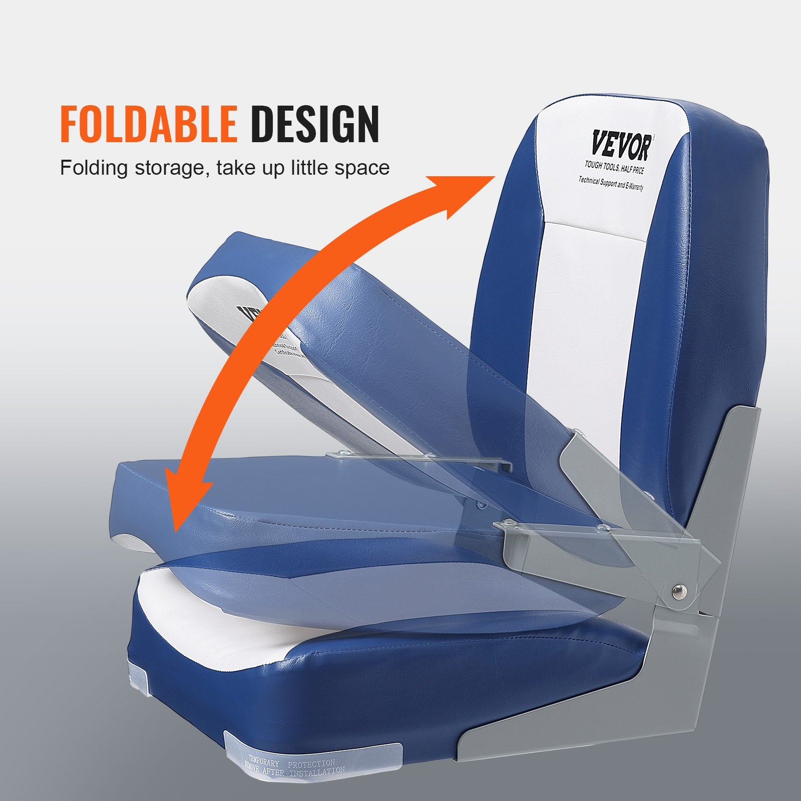 VEVOR Boat Seat, 480 mm Low Back Boat Seat, Folding Boat Chair with Thickened Sponge Padding and Hinge, Fold-Down Boat Captain Chair for Fishing Boat, Sightseeing Boat, Speedboat, Canoe, 1-Piece