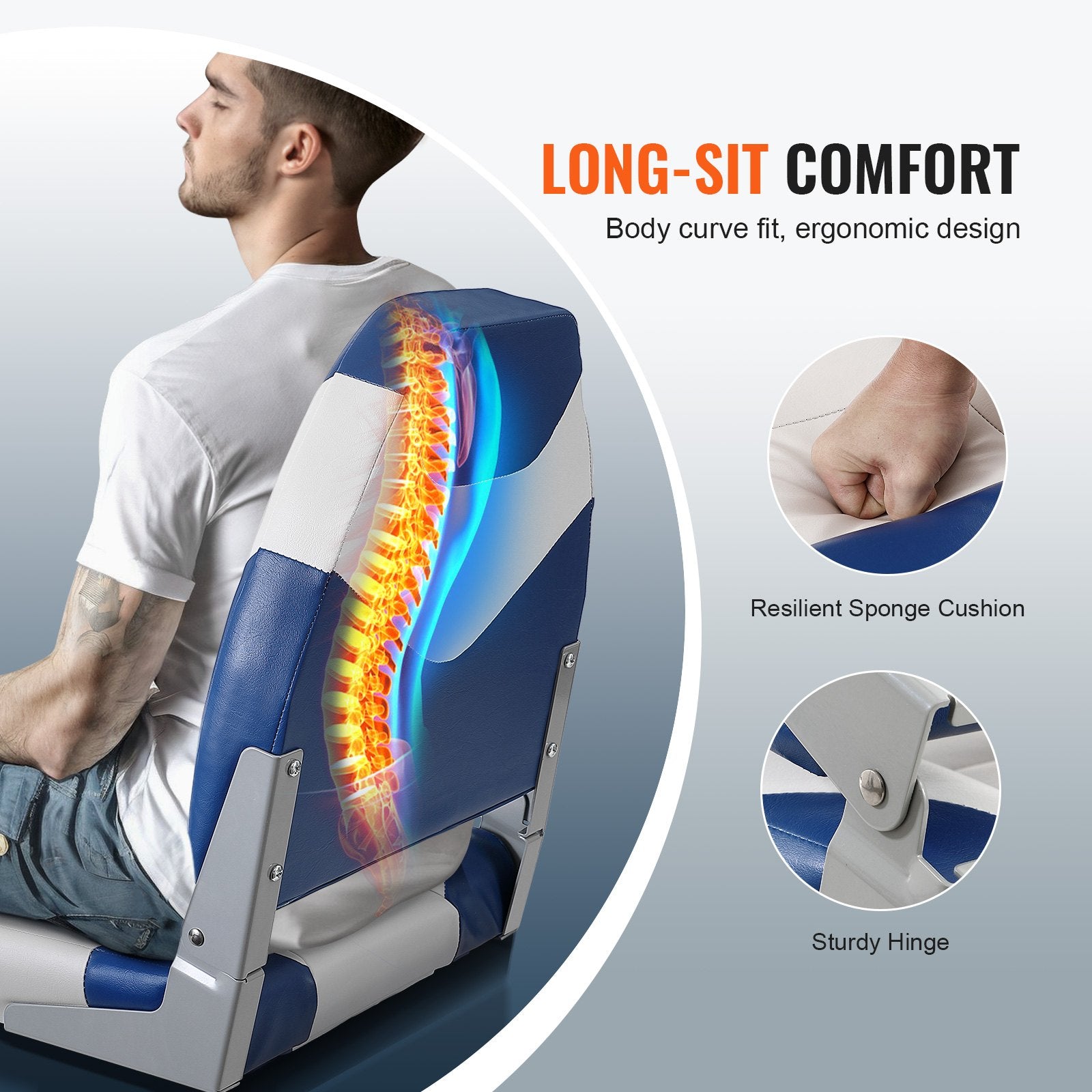 VEVOR Boat Seats, 555 mm High Back Boat Seat, Folding Boat Chair with Thickened Sponge Padding and Hinge, Fold-Down Boat Captain Chairs for Fishing Boat, Sightseeing Boat, Speedboat, Canoe, 2-Pack