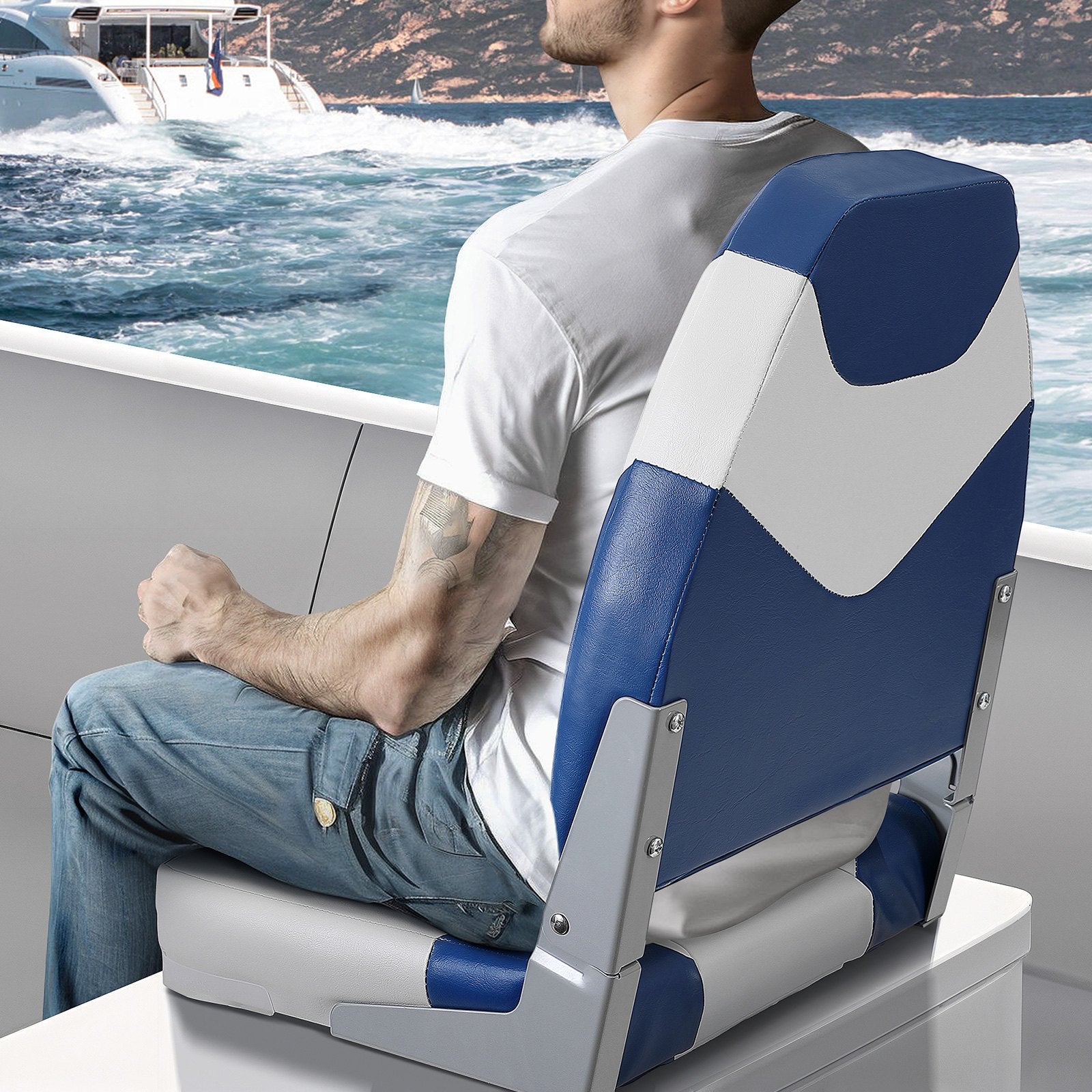VEVOR Boat Seats, 555 mm High Back Boat Seat, Folding Boat Chair with Thickened Sponge Padding and Hinge, Fold-Down Boat Captain Chairs for Fishing Boat, Sightseeing Boat, Speedboat, Canoe, 2-Pack