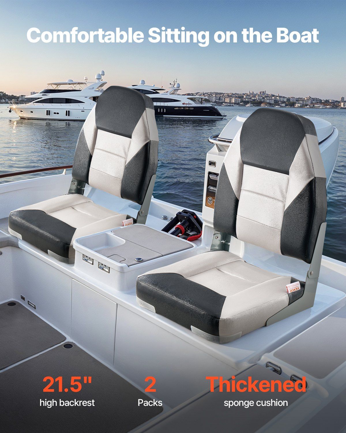 Boat Seat, High Backrest, Folding Fishing Boat Seat with Thickened Sponge Cushion & Waterproof PVC Leather, Aluminum Alloy Hinges, Flip Up Boat Seat for Boats, Yachts, Ships, Black & Grey