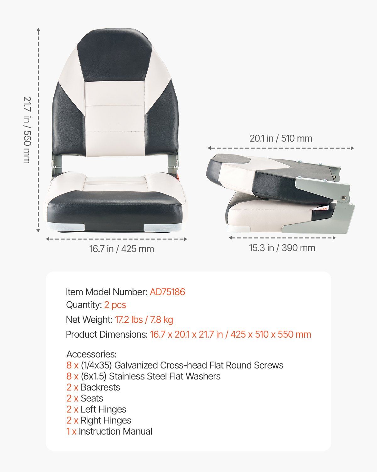 Boat Seat, High Backrest, Folding Fishing Boat Seat with Thickened Sponge Cushion & Waterproof PVC Leather, Aluminum Alloy Hinges, Flip Up Boat Seat for Boats, Yachts, Ships, Black & Grey