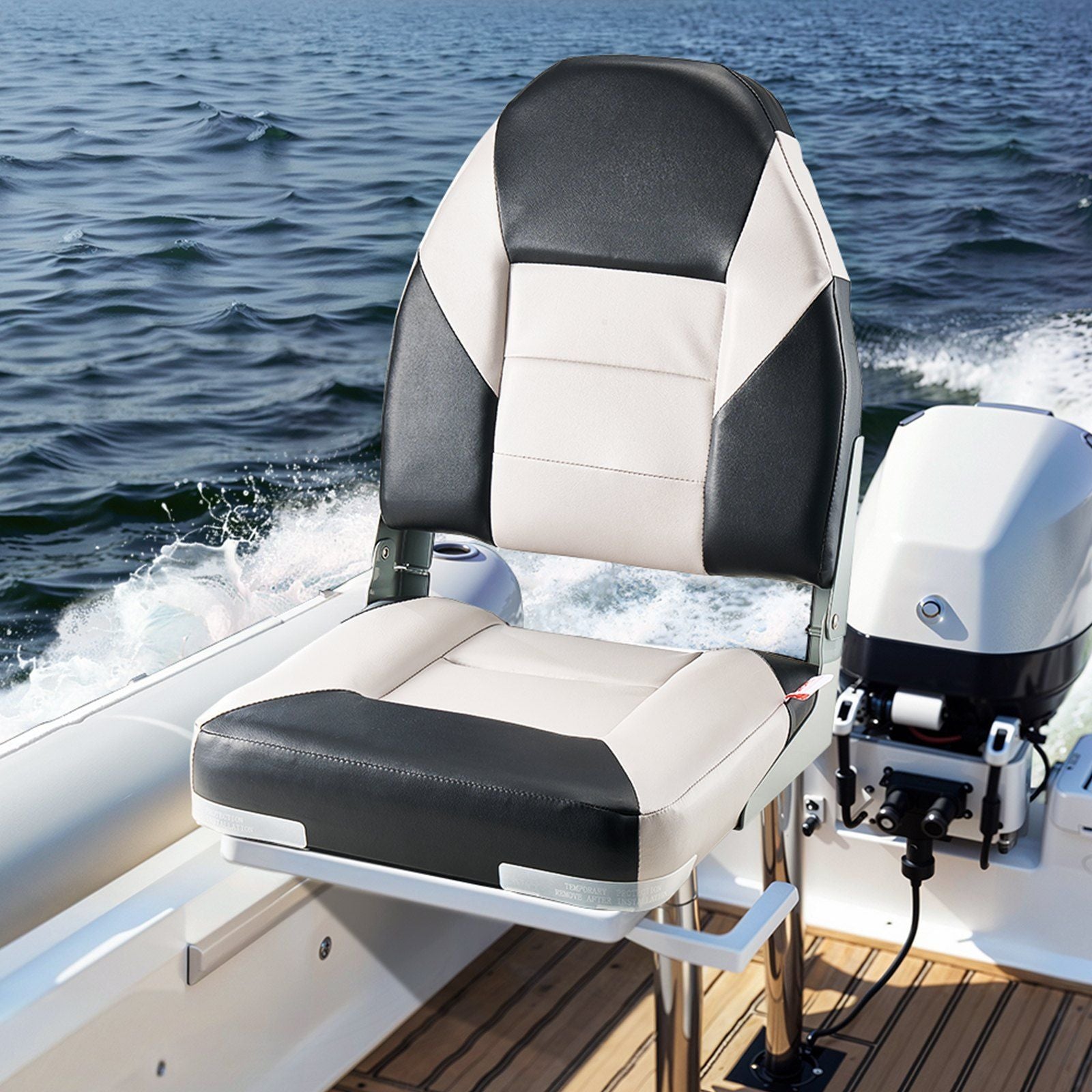 Boat Seat, High Backrest, Folding Fishing Boat Seat with Thickened Sponge Cushion & Waterproof PVC Leather, Aluminum Alloy Hinges, Flip Up Boat Seat for Boats, Yachts, Ships, Black & Grey