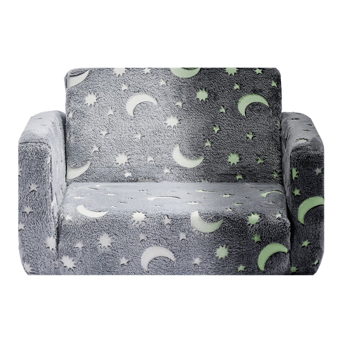 2-in-1 Kids Sofa, Foldable Toddler Soft Couch with Armrests, Glow in the Dark Kids Couch Fold Out with 28D Sponge &amp; Flannel, Convertible Toddler Chair to Lounger for Reading and Gaming, M, Gray