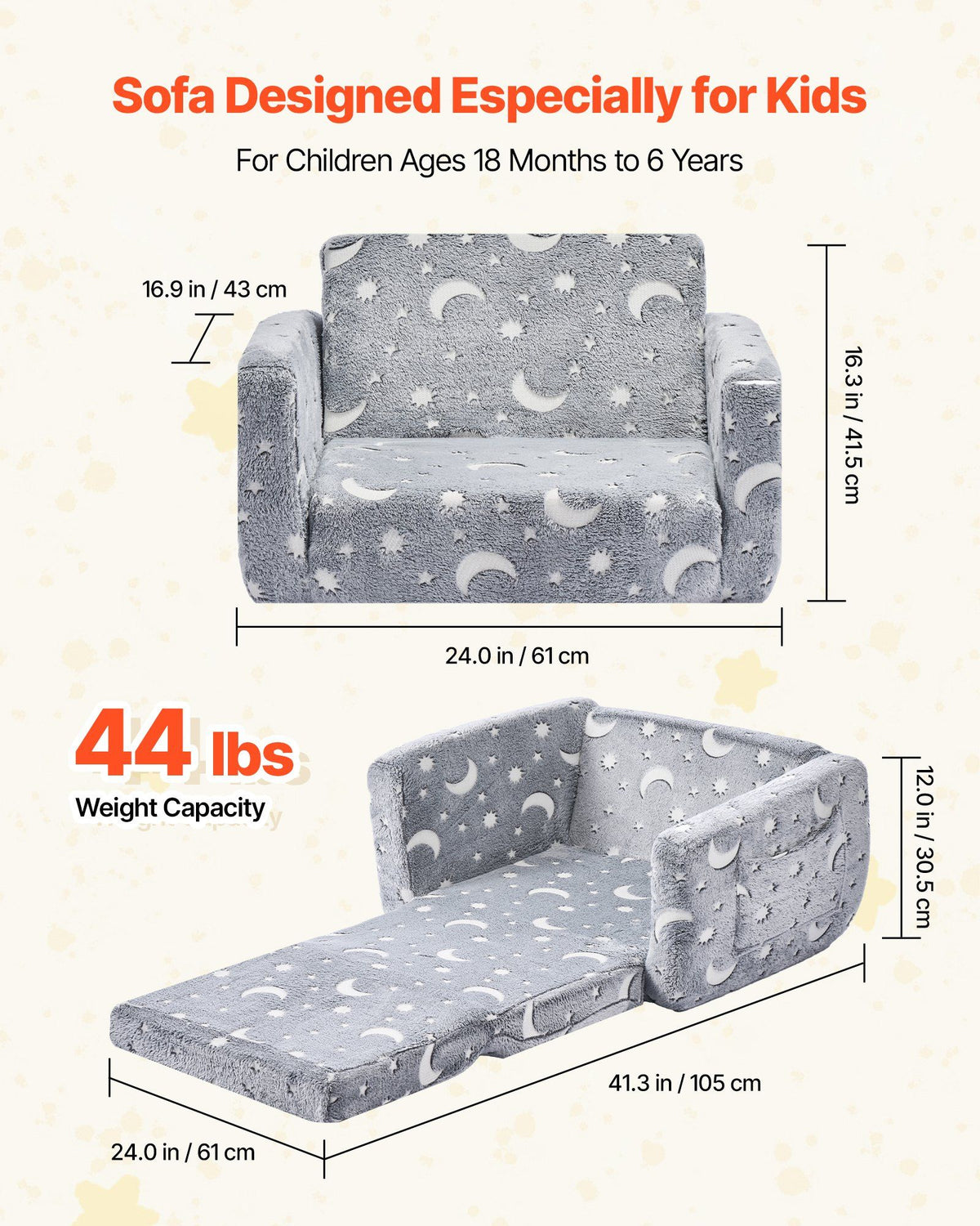2-in-1 Kids Sofa, Foldable Toddler Soft Couch with Armrests, Glow in the Dark Kids Couch Fold Out with 28D Sponge & Flannel, Convertible Toddler Chair to Lounger for Reading and Gaming, M, Gray