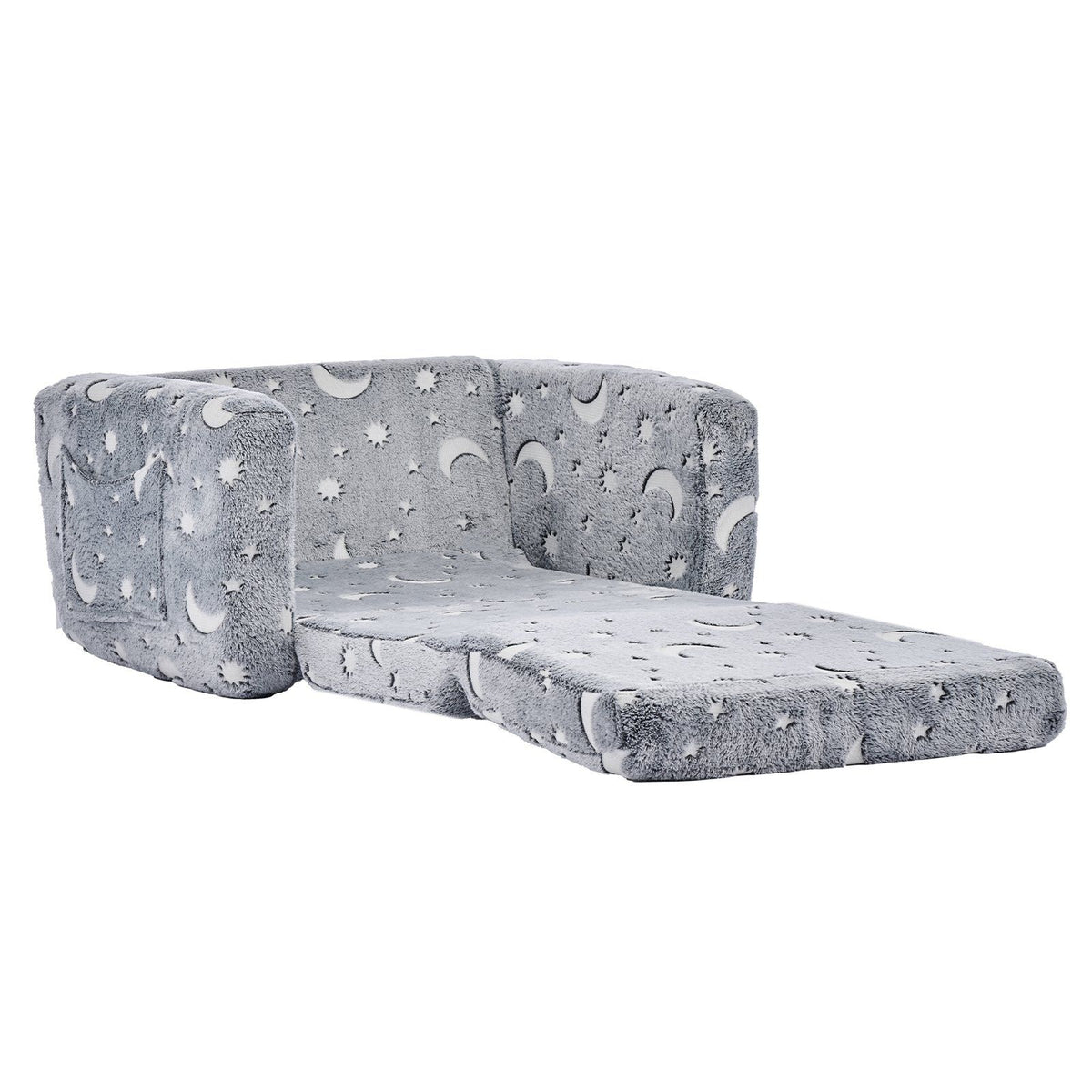 2-in-1 Kids Sofa, Foldable Toddler Soft Couch with Armrests, Glow in the Dark Kids Couch Fold Out with 28D Sponge & Flannel, Convertible Toddler Chair to Lounger for Reading and Gaming, M, Gray
