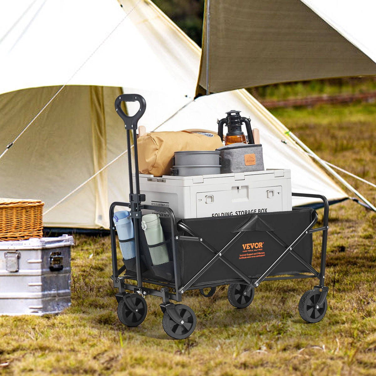 VEVOR Collapsible Folding Wagon, 2 cu.ft Grass Wagon Cart with All-Terrain 5in Wheels, Heavy Duty Folding Wagon Cart 220 lbs Weight Capacity with Drink Holders, Sports Wagon for Camping, Shopping, Gar