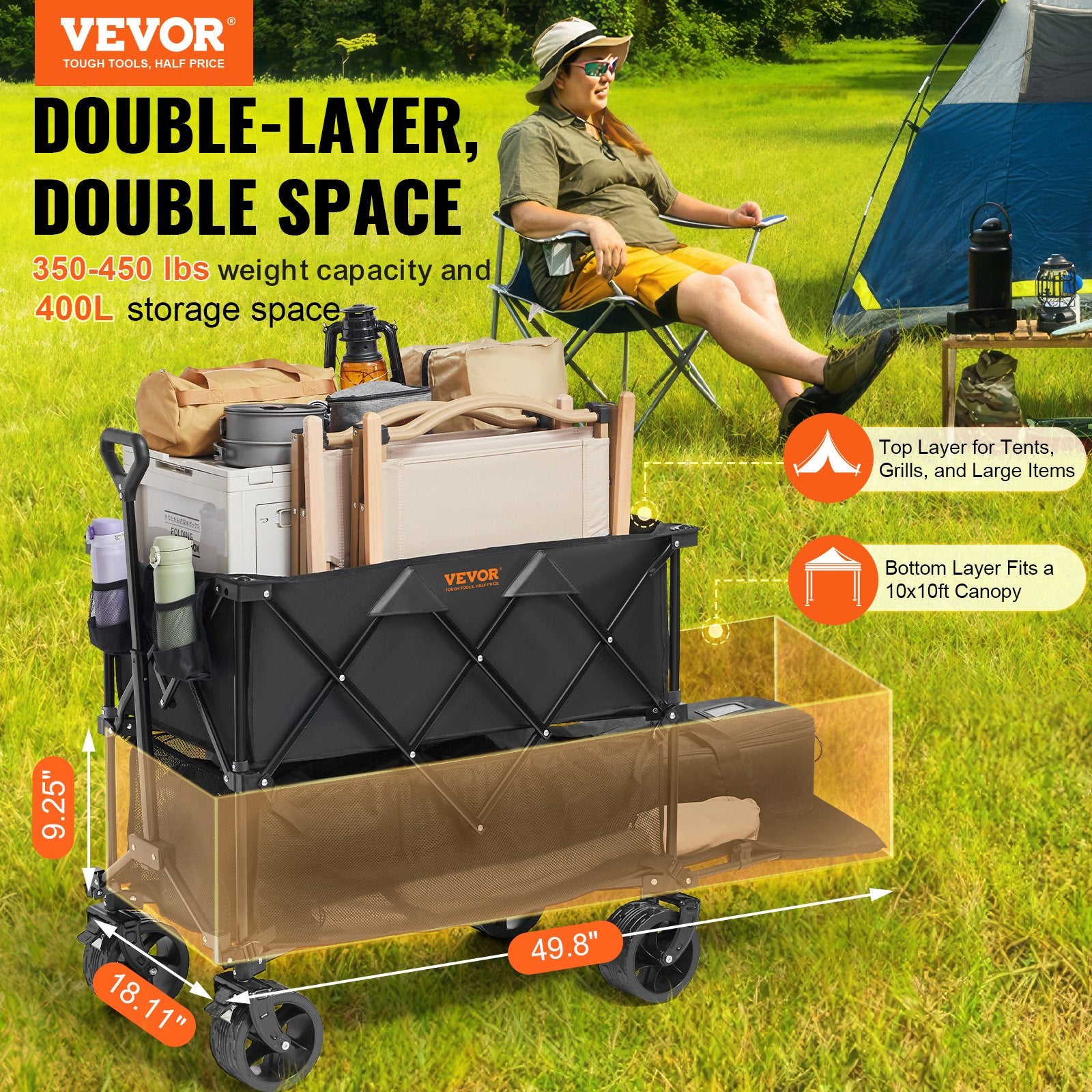 VEVOR Foldable Double Decker Wagon, 400L Collapsible Wagon Cart with All-Terrain Wheels, Heavy Duty Folding Wagon Cart 350-450 lb Weight Capacity for Camping, Shopping, Garden, 52" Extra Long Extender