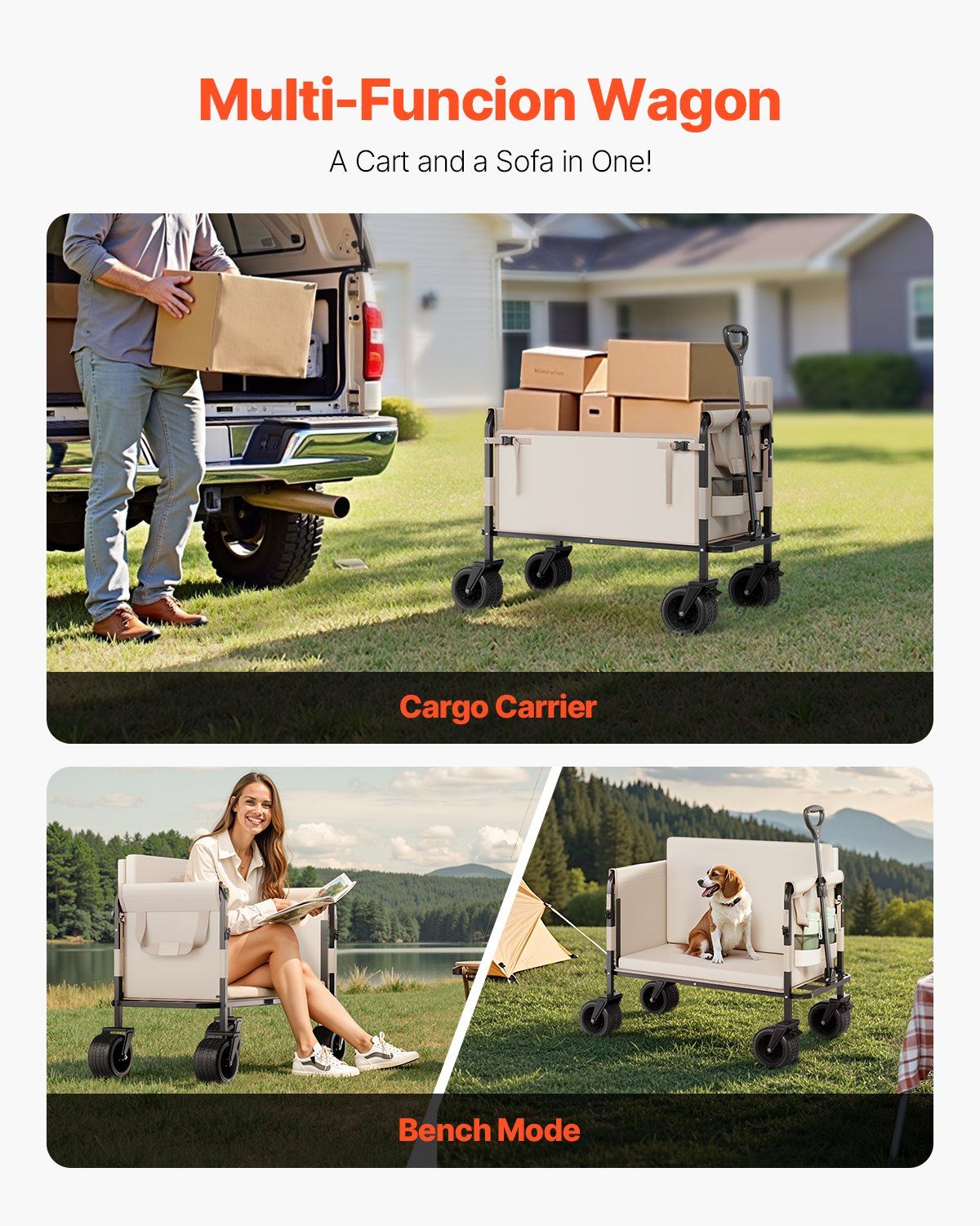 Collapsible Folding Wagon, 550lb Load & 220L, 2 in 1 Foldable Wagon Cart Converts to Bench, Utility Wagon with Adjustable Handle, Outdoor Cart for Groceries Shopping, Camping, Gardening