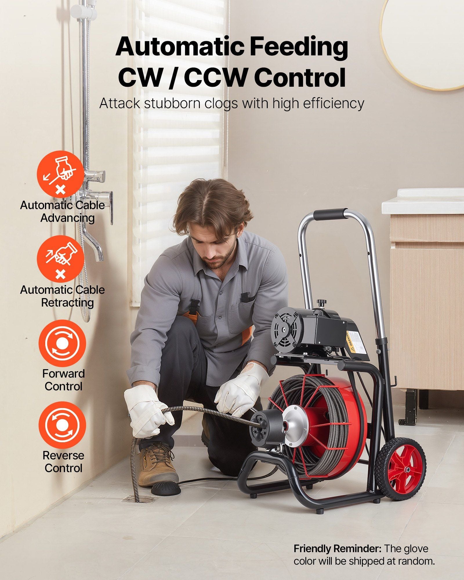 Drain Cleaner Machine 30m x 10.5mm, Auto Feed Sewer Snake Auger on Wheels - with 8 Cutters & Air-Activated Foot Switch for 50mm to 100mm Pipes