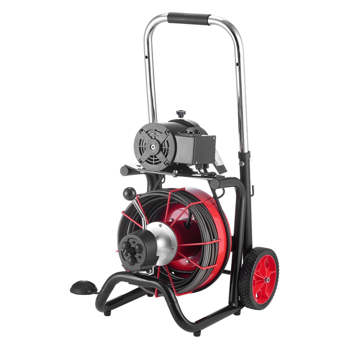 Drain Cleaner Machine 30m x 13mm, Auto Feed Sewer Snake Auger on Wheels - with 8 Cutters &amp; Air-Activated Foot Switch for 50mm to 150mm Pipes