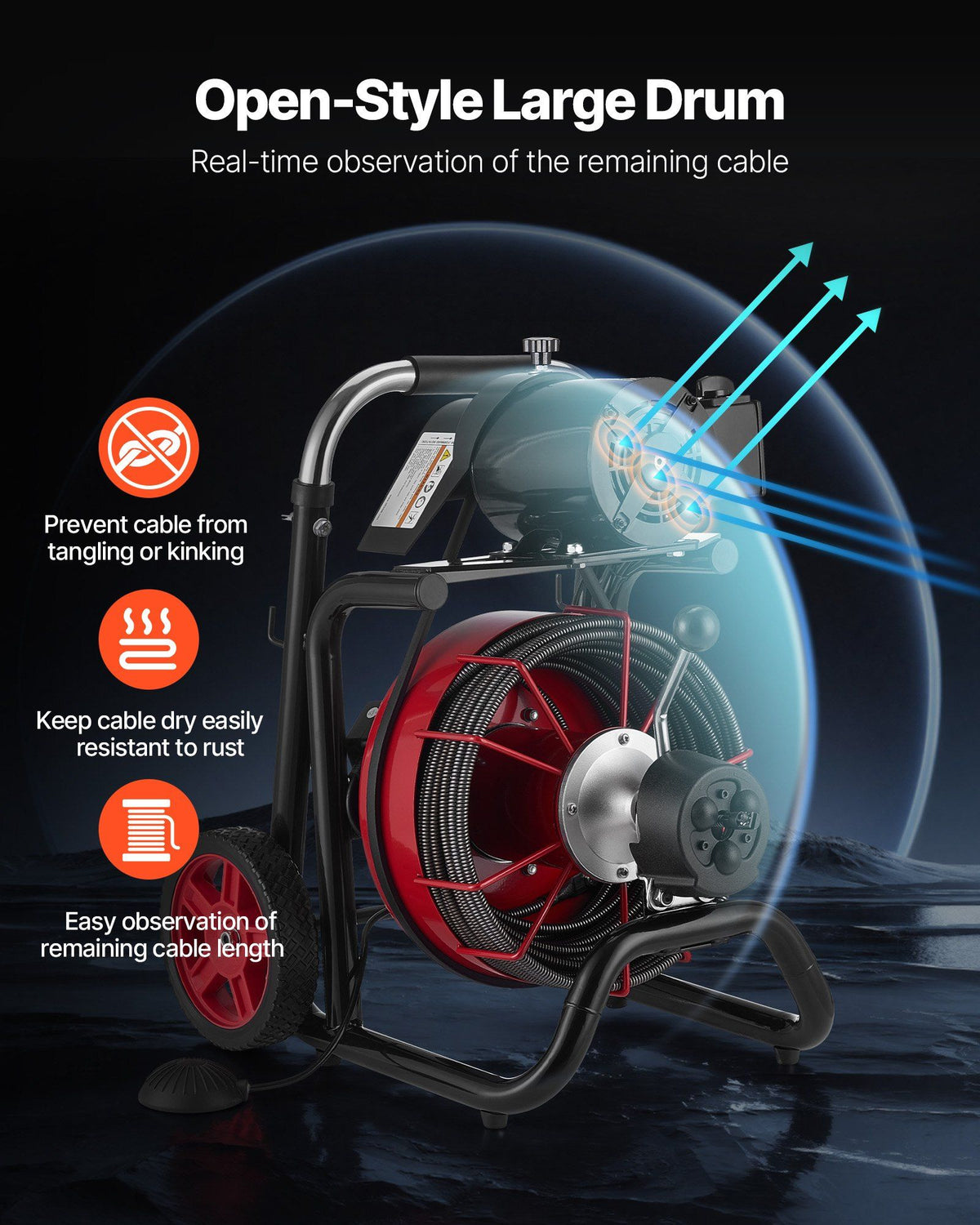Drain Cleaner Machine 30m x 13mm, Auto Feed Sewer Snake Auger on Wheels - with 8 Cutters & Air-Activated Foot Switch for 50mm to 150mm Pipes