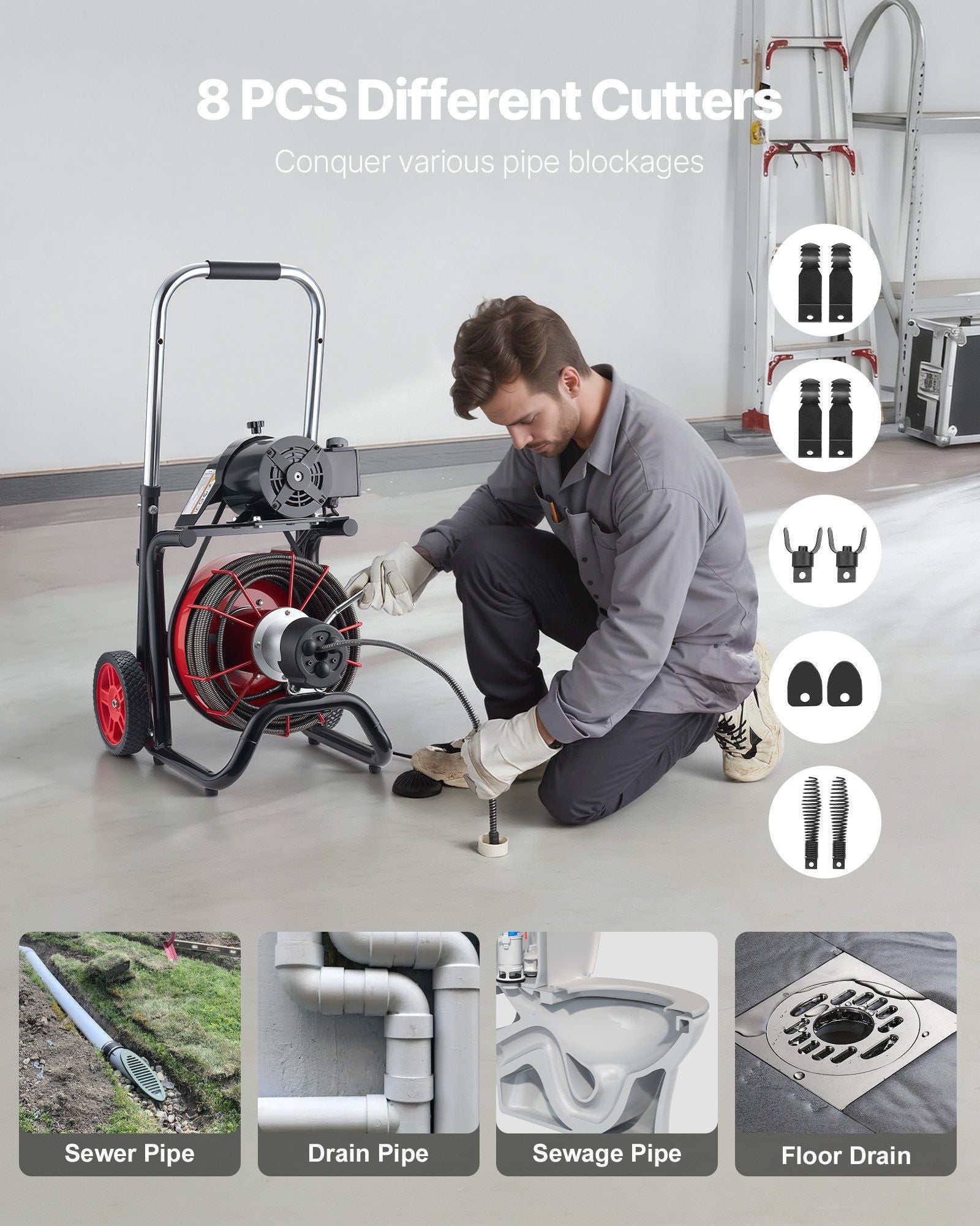 Drain Cleaner Machine 30m x 13mm, Auto Feed Sewer Snake Auger on Wheels - with 8 Cutters & Air-Activated Foot Switch for 50mm to 150mm Pipes
