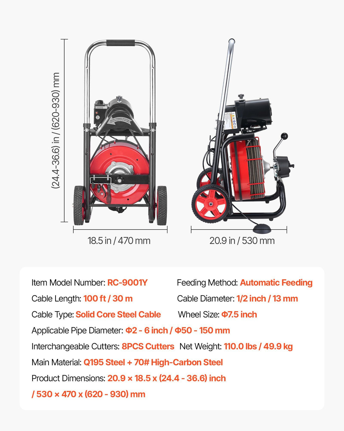Drain Cleaner Machine 30m x 13mm, Auto Feed Sewer Snake Auger on Wheels - with 8 Cutters & Air-Activated Foot Switch for 50mm to 150mm Pipes