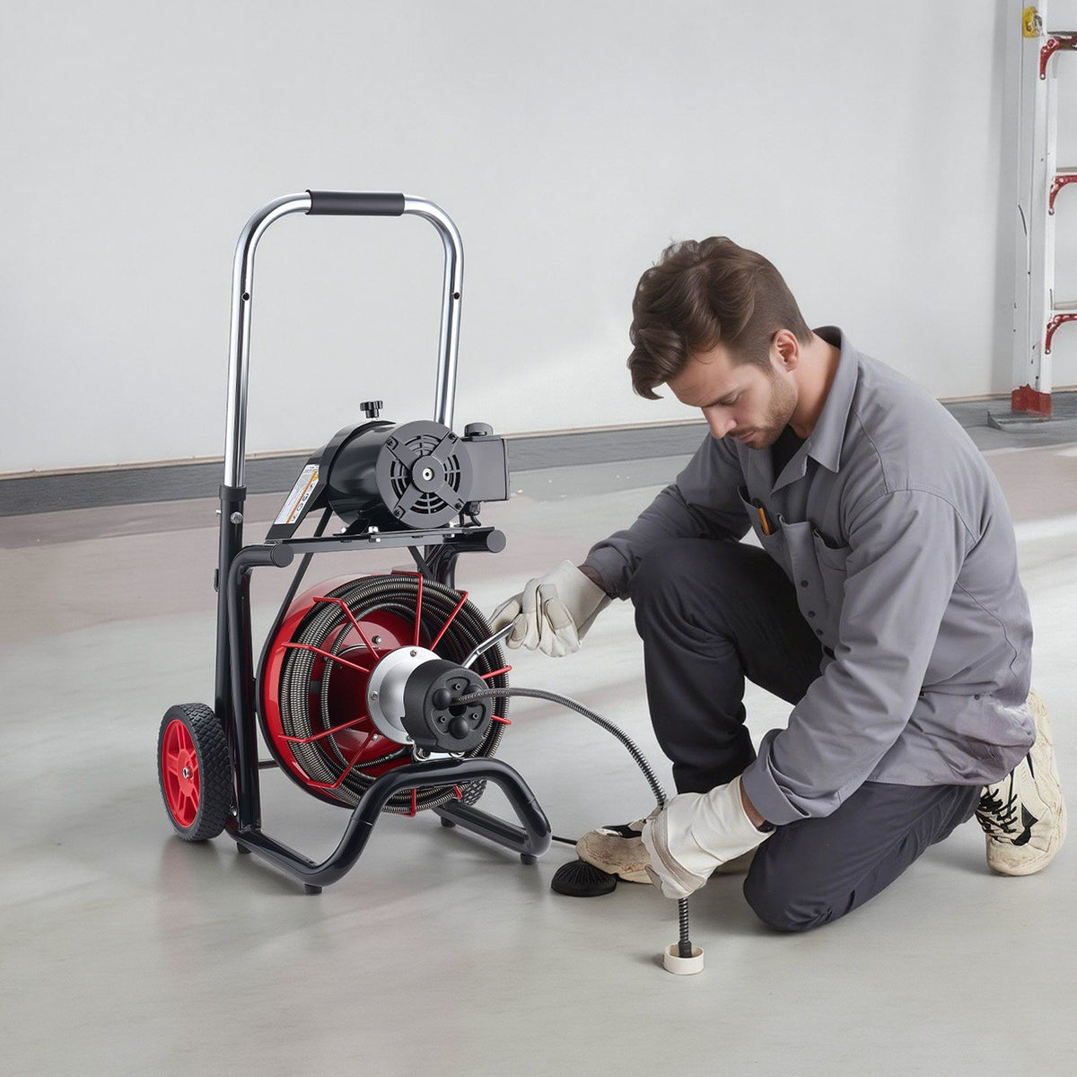 Drain Cleaner Machine 30m x 13mm, Auto Feed Sewer Snake Auger on Wheels - with 8 Cutters & Air-Activated Foot Switch for 50mm to 150mm Pipes