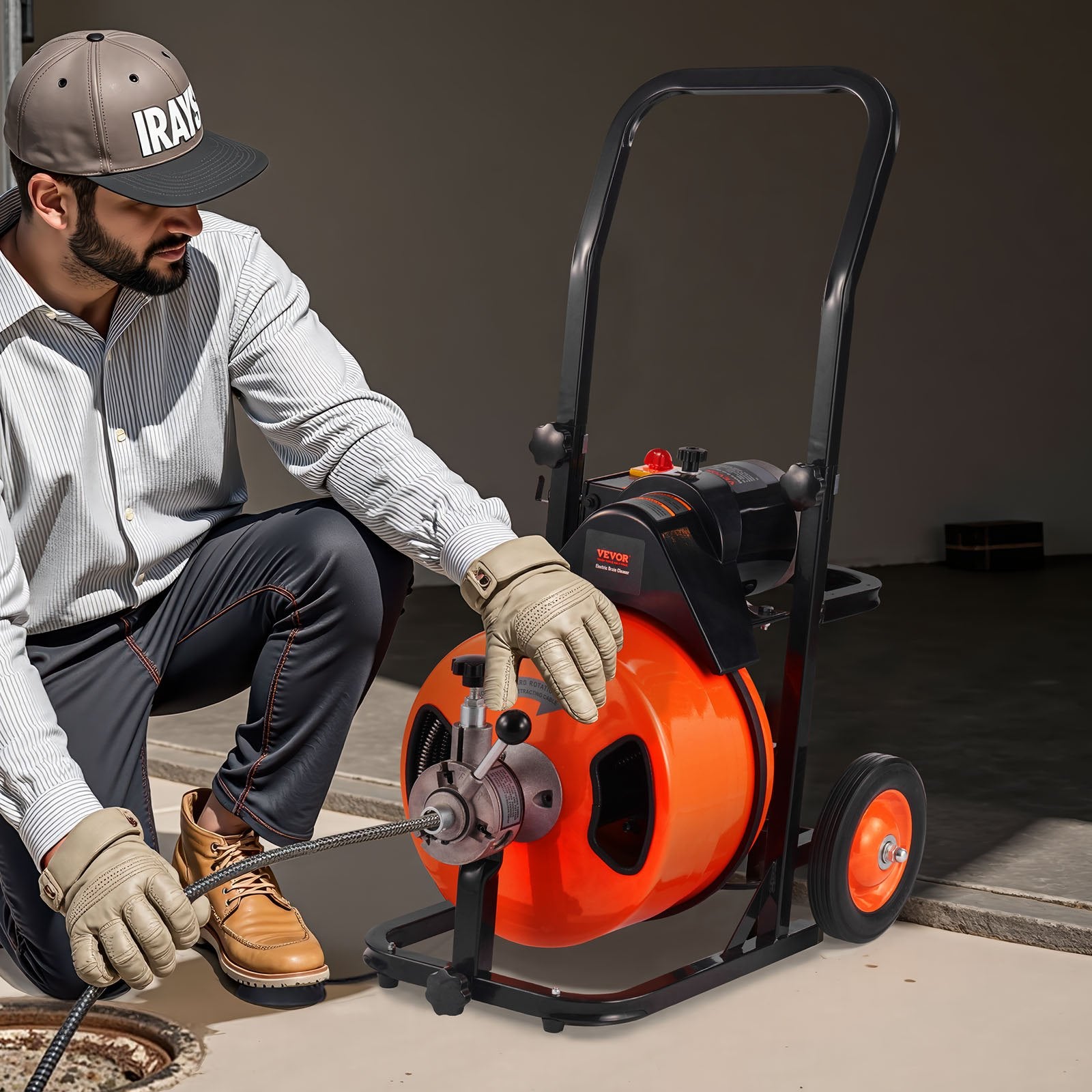 VEVOR Drain Cleaner Machine 75FT x 1/2Inch, Auto Feed Sewer Snake Auger with 4 Cutter & Air-activated Foot Switch for 2" to 4" Pipes, Orange, Black