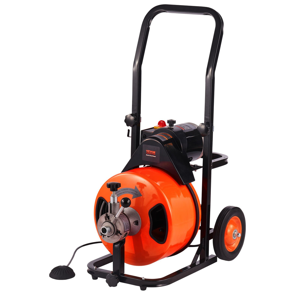 VEVOR Drain Cleaner Machine 75FT x 1/2Inch, Auto Feed Sewer Snake Auger with 4 Cutter & Air-activated Foot Switch for 2" to 4" Pipes, Orange, Black