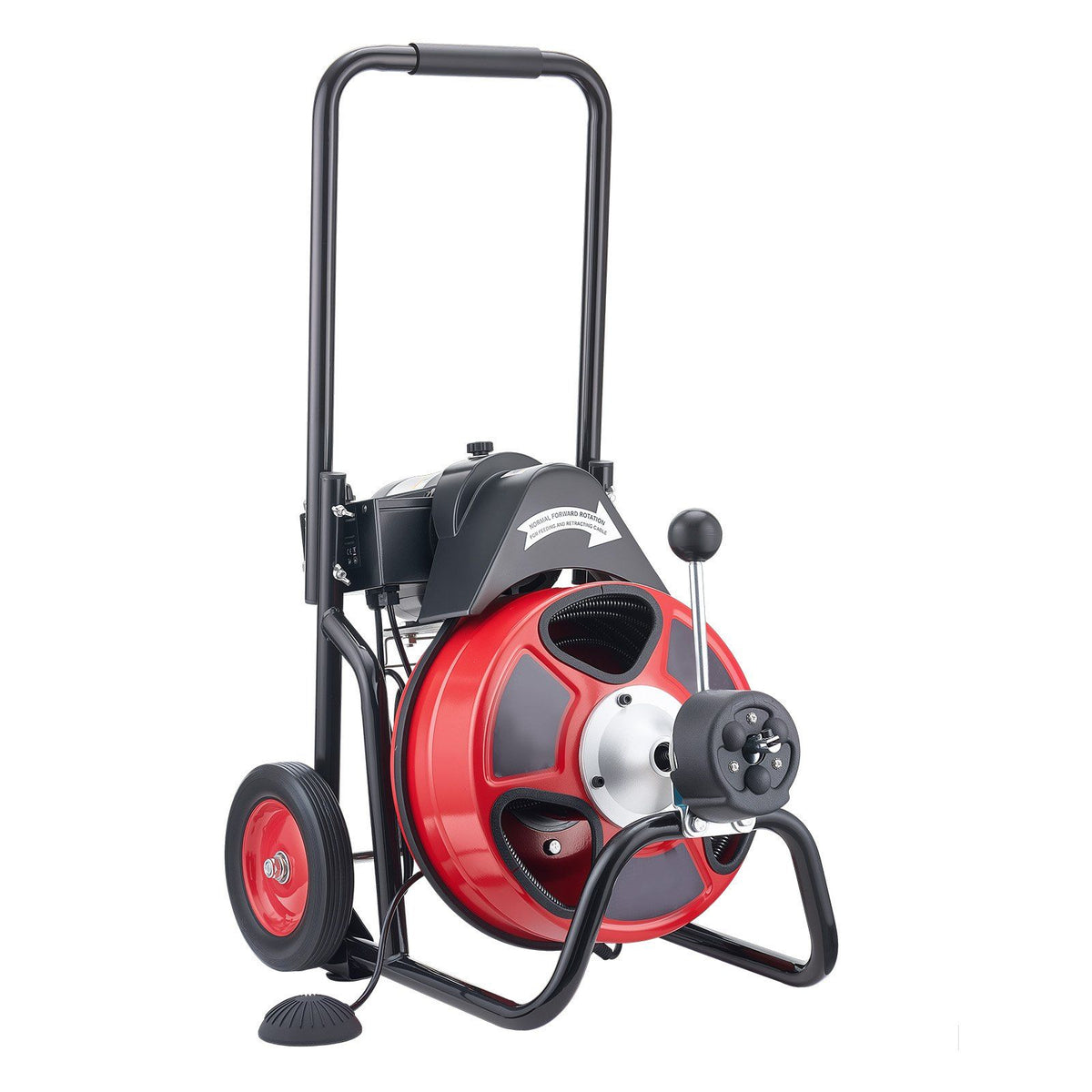 Drain Cleaner Machine 15m x 13mm, Auto Feed Sewer Snake Auger on Wheels, Portable Drain Cleaning Machine with 4 Cutters &amp; Air-activated Foot Switch for 50mm to 150mm Pipes