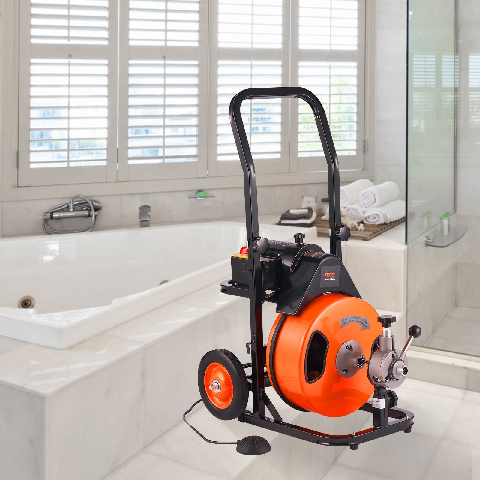 VEVOR Drain Cleaning Machine 50 FT x 1/2 Inch, Sewer Snake Machine Auto Feed, Drain Auger Cleaner with 4 Cutter & Air-Activated Foot Switch for 1" to 4" Pipes