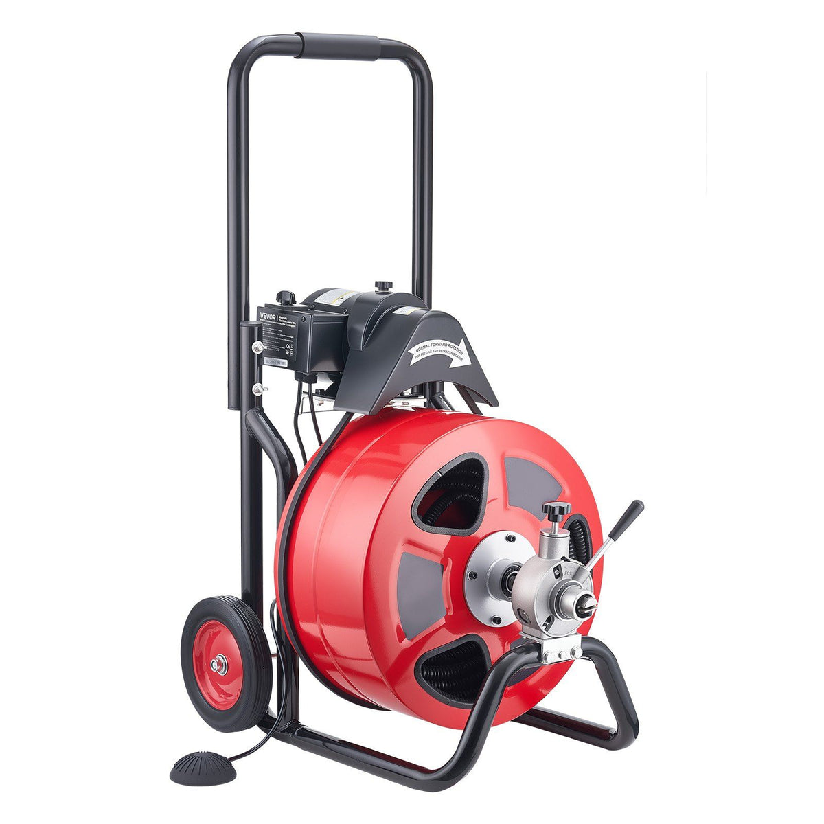 Drain Cleaner Machine 30m x 19mm, Auto Feed Sewer Snake Auger on Wheels, Portable Drain Cleaning Machine with 4 Cutters &amp; Air-activated Foot Switch for 100mm to 200mm Pipes