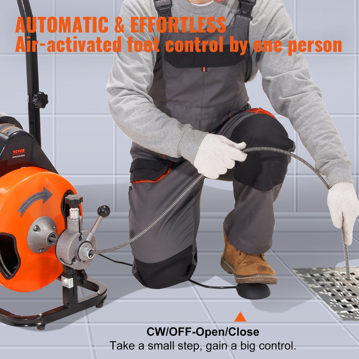 VEVOR Drain Cleaner Machine 75FT x 3/8Inch, Auto Feed Sewer Snake Auger with 4 Cutter & Air-activated Foot Switch for 2" to 4" Pipes