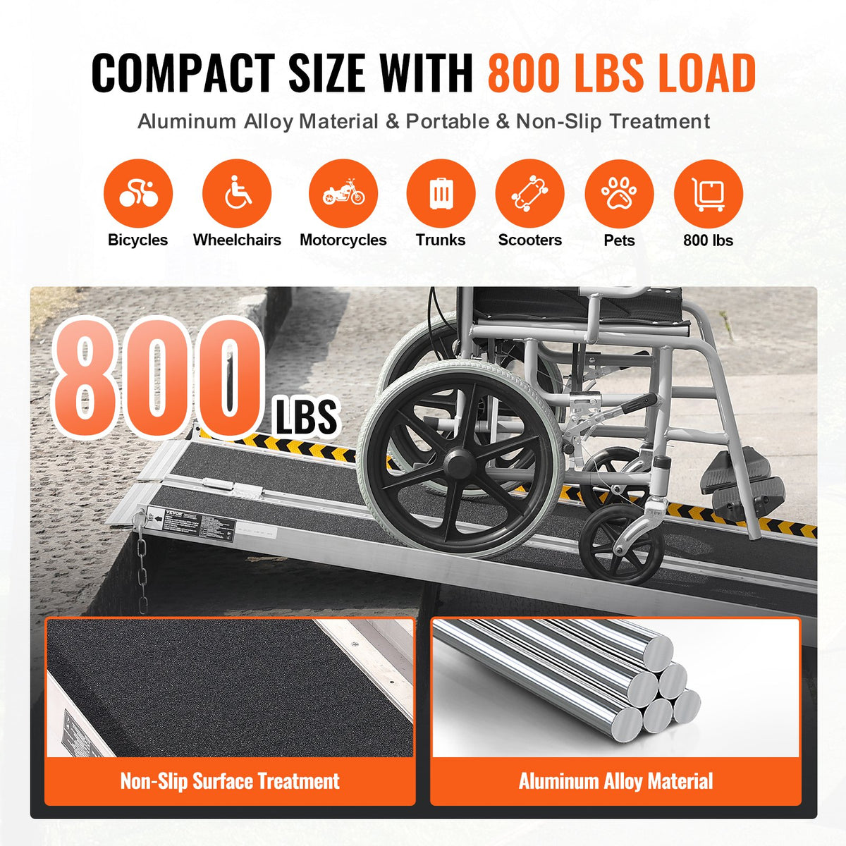 VEVOR Portable Wheelchair Ramp, 183 cm 363 kg Capacity, Non-Slip Aluminum Folding Threshold Ramp, Foldable Mobility Scooter Ramp Wheel Chair Ramp, Handicap Ramp for Home Steps, Stairs, Doorways, Curbs
