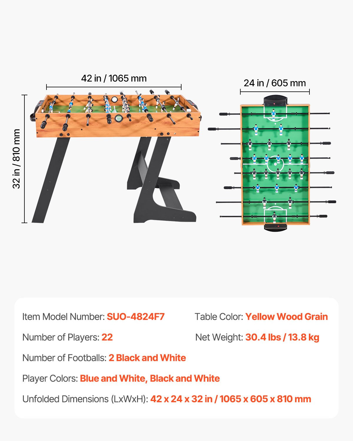 VEVOR Folding Foosball Table, 106 cm Standard Size Table, Indoor Full Size Foosball Tables for Home, Family, and Game Room, Durable Soccer Set, Includes 2 Balls