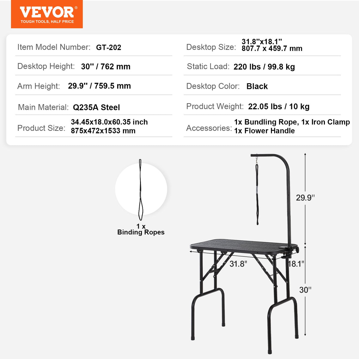 VEVOR Pet Grooming Table Arm with Clamp, 808 x 460 mm Dog Grooming Station, Foldable Pets Grooming Stand for Medium and Small Dogs, Free No Sit Haunch Holder with Grooming Loop, Bearing 99.8kg