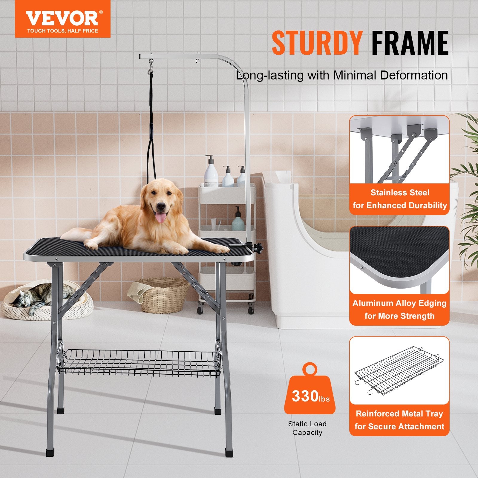 VEVOR Pet Grooming Table Arm with Clamp, 915 x 610mm Dog Grooming Station, Foldable Pets Grooming Stand for Medium and Small Dogs, Free No Sit Haunch Holder with Grooming Loop, Bearing 149.7kg