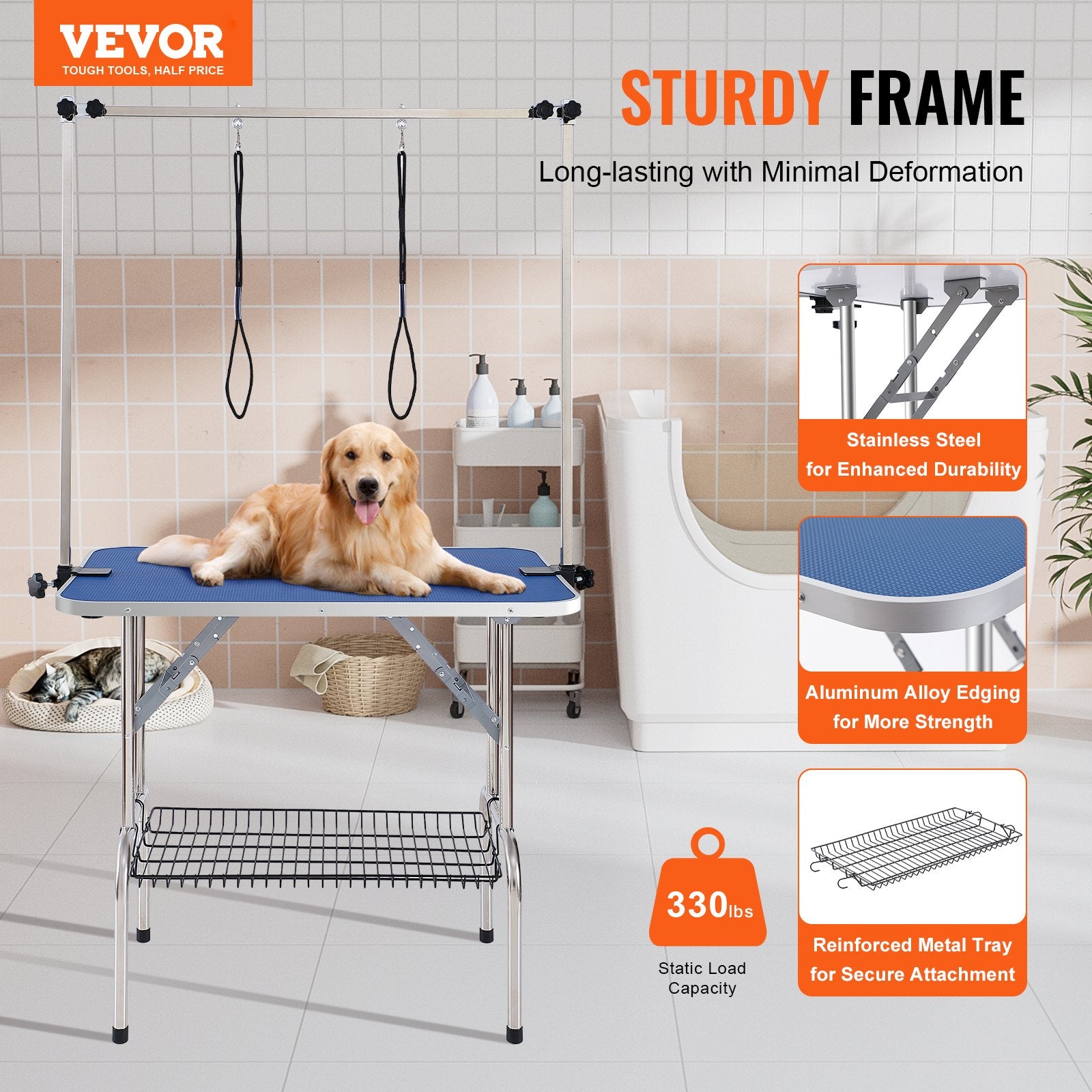 VEVOR Pet Grooming Table Two Arms with Clamp, 915 x 610mm Dog Grooming Station, Foldable Pets Grooming Stand for Medium and Small Dogs, Free Two No Sit Haunch Holder with Grooming Loop, Bearing 150kg