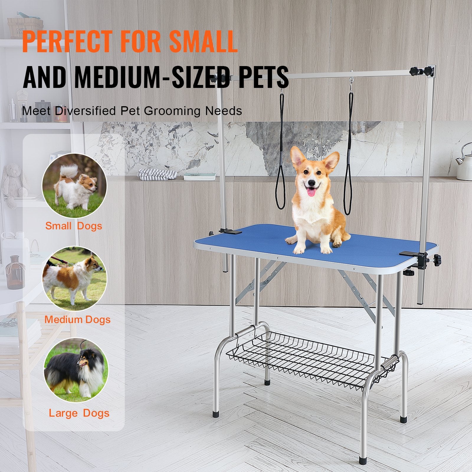 VEVOR Pet Grooming Table Two Arms with Clamp, 915 x 610mm Dog Grooming Station, Foldable Pets Grooming Stand for Medium and Small Dogs, Free Two No Sit Haunch Holder with Grooming Loop, Bearing 150kg