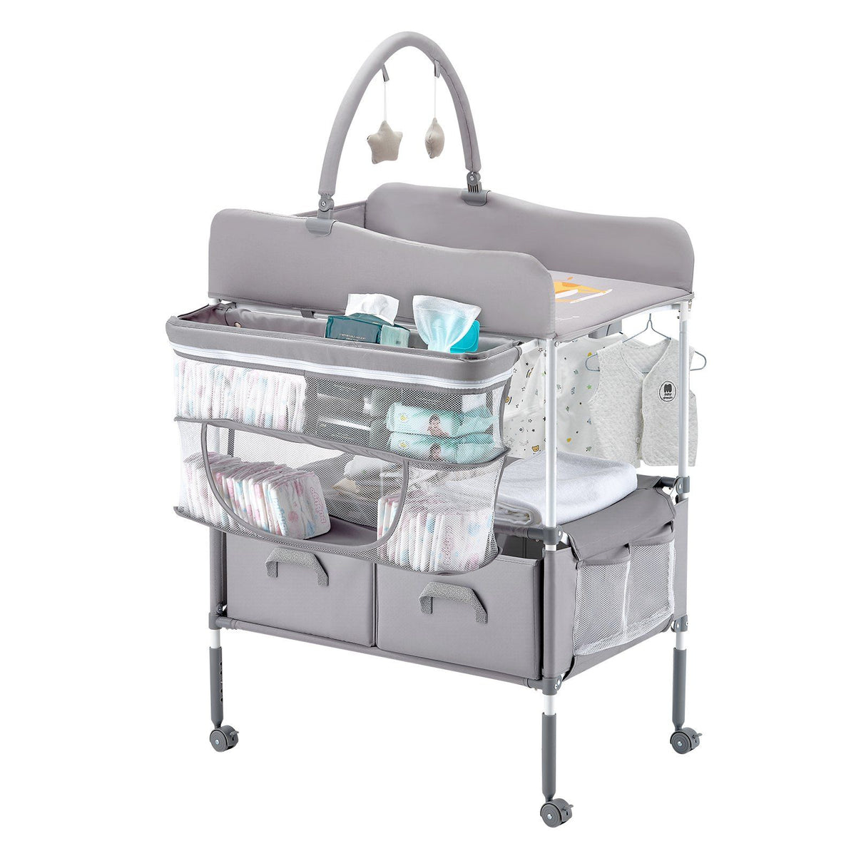 Baby Changing Table, Foldable Diaper Change Station with 2 Fabric Drawers, Side Basket &amp; Hanging Rod, Adjustable Height Portable Changing Table with Lockable Wheels &amp; 2 Star Toys, Light Gray